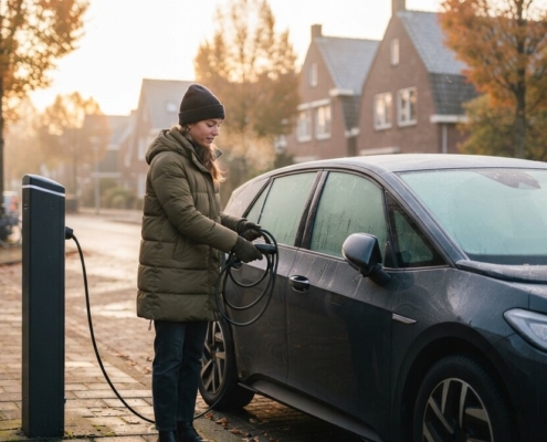 Jonge bestuurder koppelt laadkabel los van elektrische auto in de kou op een herfstochtend