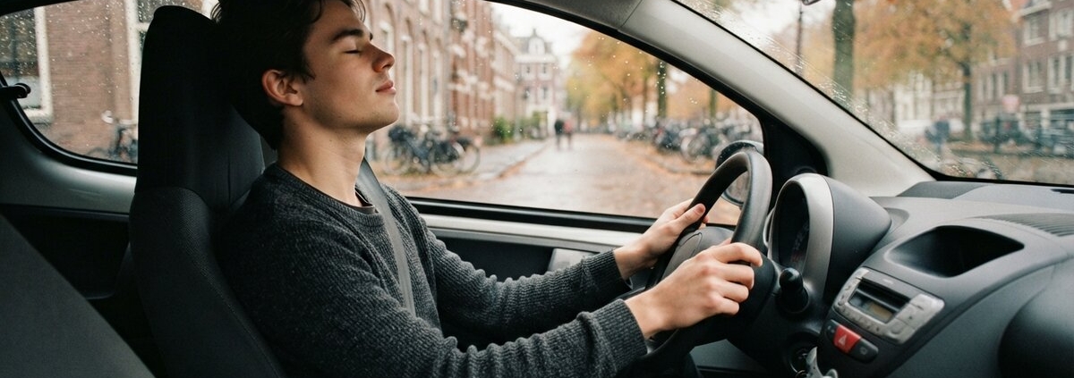 Jonge bestuurder haalt diep adem achter het stuur van de lesauto voor zijn herexamen na gezakt rijexamen