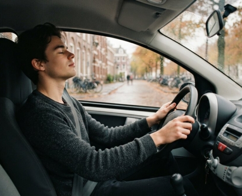Jonge bestuurder haalt diep adem achter het stuur van de lesauto voor zijn herexamen na gezakt rijexamen