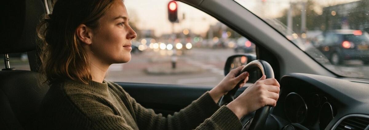 Jonge bestuurder remt soepel af voor een rood verkeerslicht tijdens de rijles