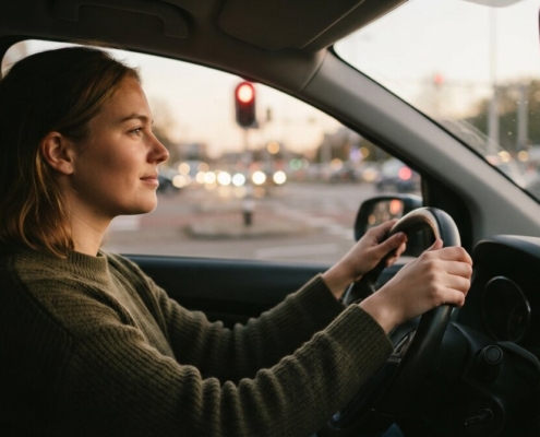 Jonge bestuurder remt soepel af voor een rood verkeerslicht tijdens de rijles