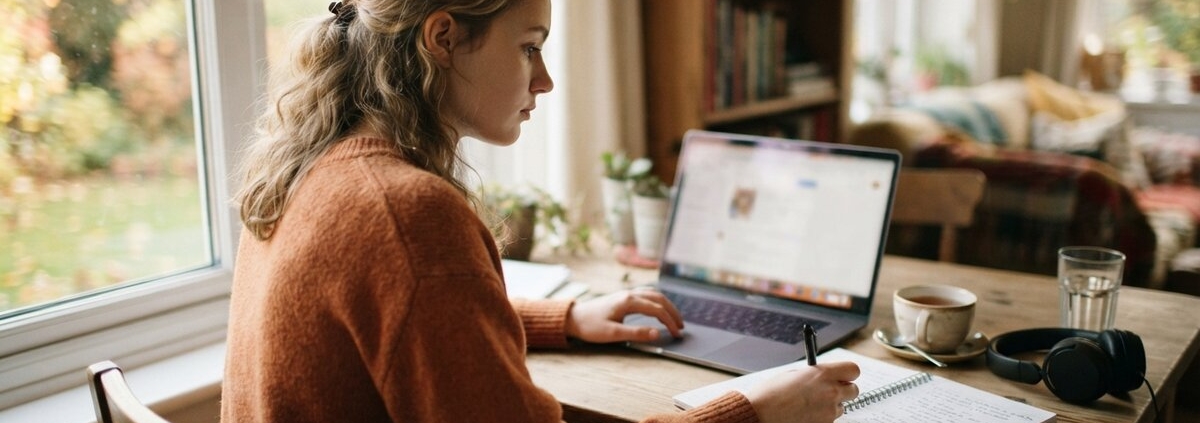 Jonge vrouw oefent thuis aan tafel op haar laptop voor het theorie-examen met extra tijd