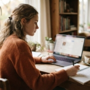Jonge vrouw oefent thuis aan tafel op haar laptop voor het theorie-examen met extra tijd
