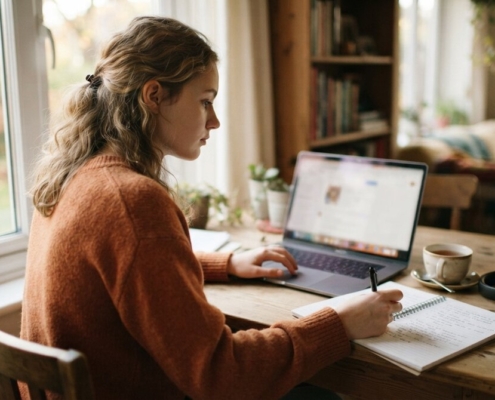 Jonge vrouw oefent thuis aan tafel op haar laptop voor het theorie-examen met extra tijd